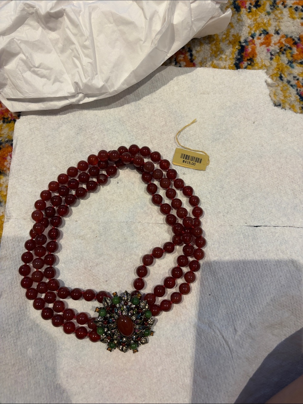 Three-Strand Red Beaded Necklace with Multicolor Gem Cluster